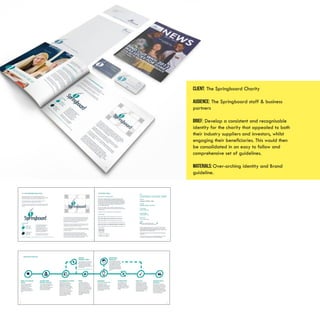 Client: The Springboard Charity
AUDIENCE: The Springboard staff & business
partners
BRIEF: Develop a consistent and recognisable
identity for the charity that appealed to both
their industry suppliers and investors, whilst
engaging their beneficiaries. This would then
be consolidated in an easy to follow and
comprehensive set of guidelines.
MATERIALS: Over-arching identity and Brand
guideline.
 