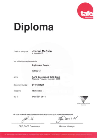 Diploma
Joanne McEwin
41 080981 05
Diploma of Events
s1T50212
TAFE Queensland Gold Goast
National Provider Number 0083
51406234QD
Thirteenth
October 2014
This is to ceftify that
has fulfilled the reouirements for
at the
Document Number
Dated the
day of
-
.-
-t
-t-l/q
ry
NAtroilIltY ntcogt{tt-D
It'AINIxG
THE QUALIFICATION IS RECOGNISED WITH THE AUSTRALIAN QUALIFICATIONS FRAMEWOBK.
CEO, TAFE Queensland General Manager
 