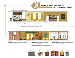 Furnishings Influenced by Albers’ Sense of Repetition
Refer to Examples (All)
Finish Influenced by Albers’ “Study of Leaves” Color Study
Refer to Example C
Furnishings Influenced by Albers’ Architectural Designs
Refer to Example A
Back Lit Panels Influenced by Albers’ Architectural Design
Refer to Examples D & E
Furnishings Influenced by Albers’ Backlit Walls
Refer to Examples D * E
Architectural Elements Influenced by Albers’ Backlit Walls
Refer to Examples D * E
Architecture Influenced by Albers’ Sense of Repetition
Refer to Examples (All)
Furniture Layout Influenced by Albers’ Sense of Repetition
Refer to Examples (All)
Ex. A Ex. B Ex. DEx. C Ex. E Ex. F
COMMERCIAL DESIGN: HOTEL BOUTIQUECOMMERCIAL DESIGN: HOTEL BOUTIQUE
INSPIRED BY WORK OF JOSEF ALBERS
PHOTOSHOP RENDERED ELEVATIONS
 