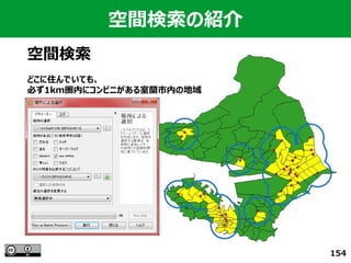 154
空間検索の紹介
空間検索
どこに住んでいても、
必ず1km圏内にコンビニがある室蘭市内の地域
 