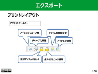 168
エクスポート
プリントレイアウト
アイテムのグループ化
グループ化解除 アイテムの整列
選択アイテムのロック
アクションツールバー
全アイテムロック解除
アイテムの順序変更
 