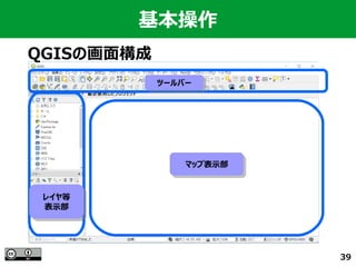 39
基本操作
QGISの画面構成
マップ表示部マップ表示部
レイヤ等
表示部
レイヤ等
表示部
ツールバーツールバー
 