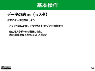 56
基本操作
データの表示（ラスタ）
ほかのデータも表示しよう
　ベクタと同じように、ドラッグ＆ドロップでも可能です
　他のラスタデータも表示したら、
　表示順序を変えたりしてみてください
 