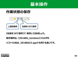 58
基本操作
作業状態の保存
【名前をつけて保存】で 保存しておきましょう。
保存場所は、【201806_handson】フォルダ内
※ファイル名は、20180622.qgsでも何でも良いです。
上書き保存 名前をつけて保存
 