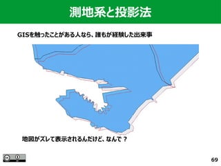 69
測地系と投影法
GISを触ったことがある人なら、誰もが経験した出来事
地図がズレて表示されるんだけど、なんで？
 