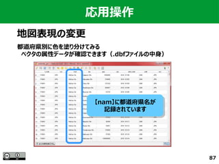 87
応用操作
地図表現の変更
都道府県別に色を塗り分けてみる
　ベクタの属性データが確認できます（.dbfファイルの中身）
【nam】に都道府県名が
記録されています
【nam】に都道府県名が
記録されています
 