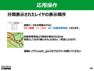 96
応用操作
分類表示されたレイヤの表示順序
道路データを分類表示すると
14→国道　15→道道　16→自動車専用道　となります。
自動車専用道より国道が優先されるため
地図として分かり難いかもしれません（用途によります）
道路レイヤ【roadl_jpn】のプロパティを開いてください
 