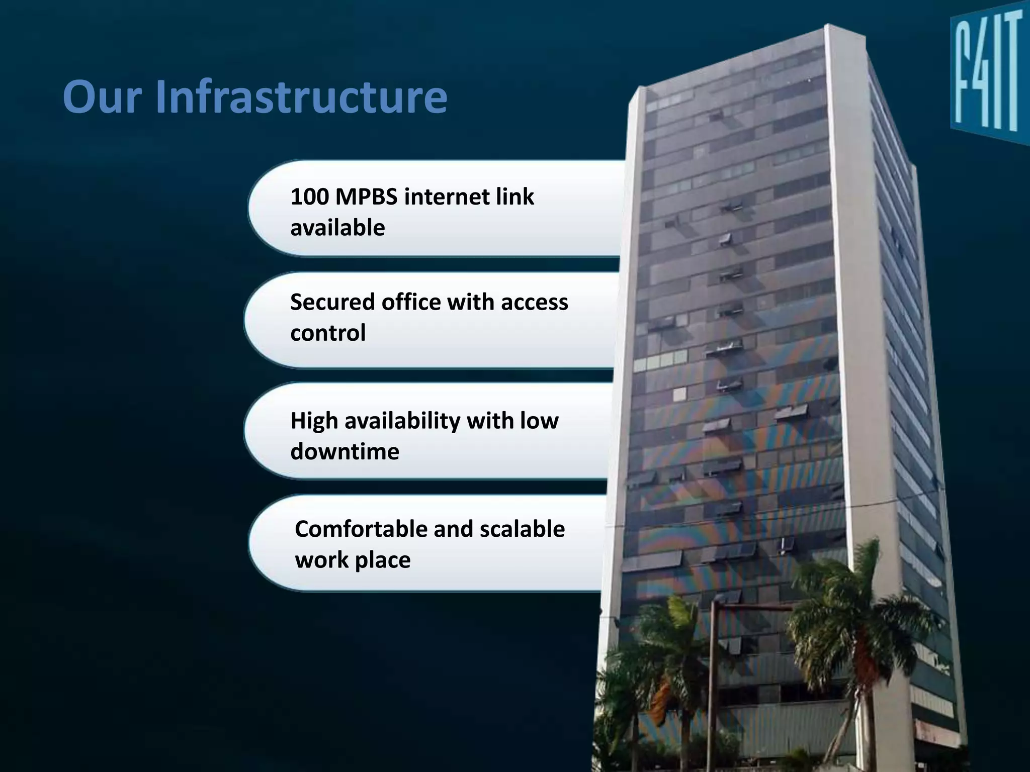 Our Infrastructure
          100 MPBS internet link
          available

          Secured office with access
          control


          High availability with low
          downtime


          Comfortable and scalable
          work place
 