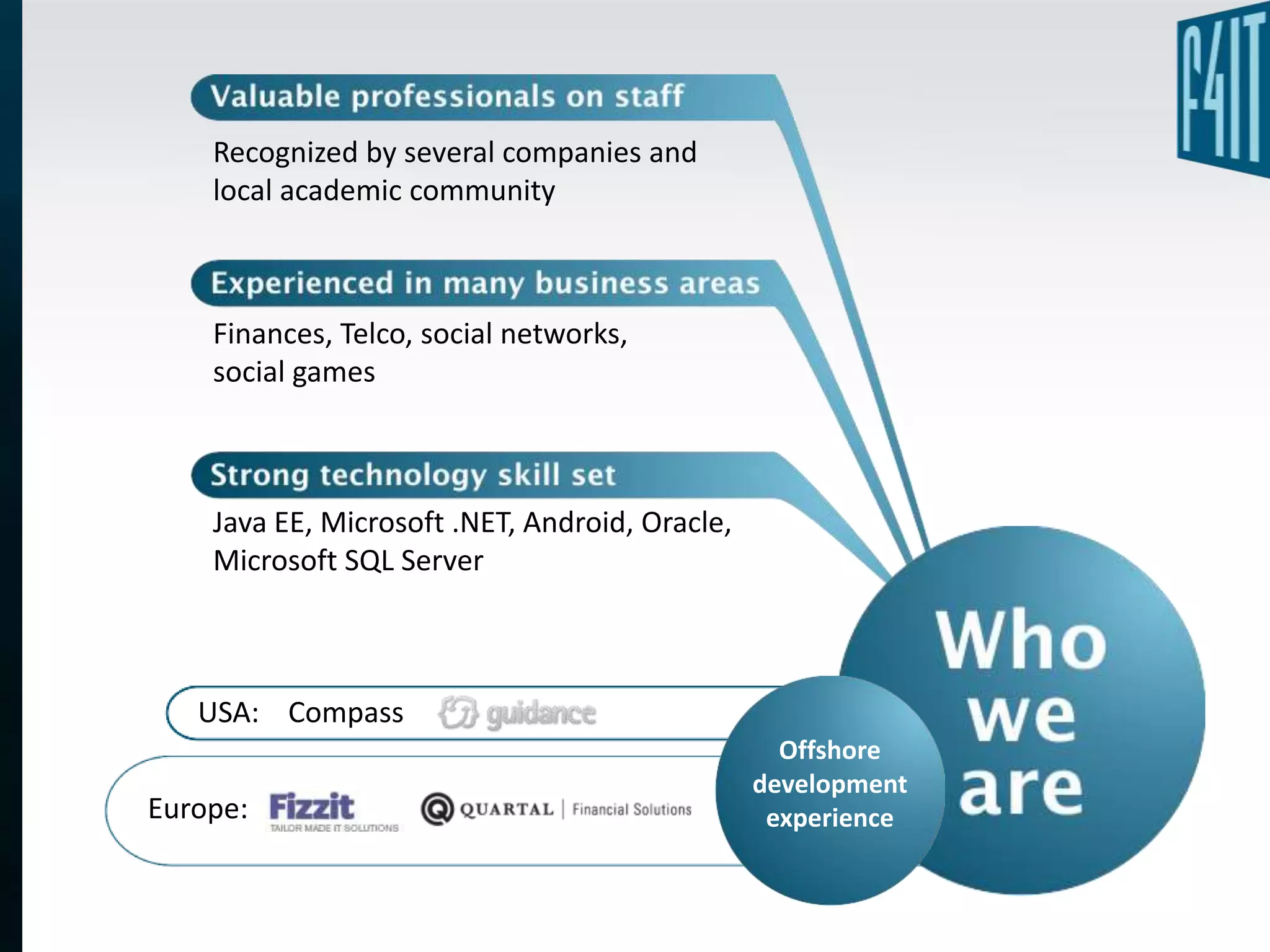 Recognized by several companies and
    local academic community



    Finances, Telco, social networks,
    social games



    Java EE, Microsoft .NET, Android, Oracle,
    Microsoft SQL Server



   USA: Compass
                                                  Offshore
                                                development
Europe:                                          experience
 