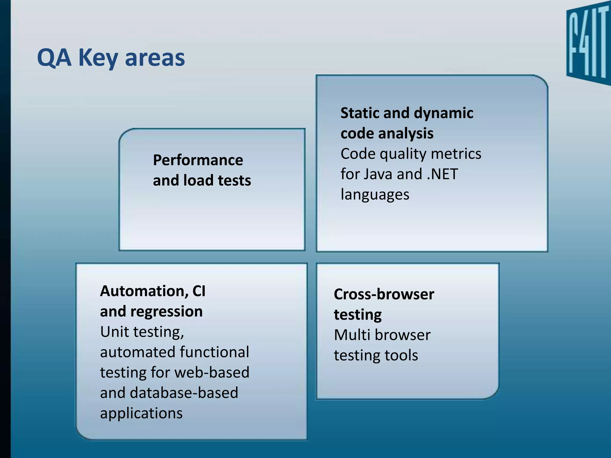 QA Key areas
                             Static and dynamic
                             code analysis
            Performance      Code quality metrics
            and load tests   for Java and .NET
                             languages




     Automation, CI          Cross-browser
     and regression          testing
     Unit testing,           Multi browser
     automated functional    testing tools
     testing for web-based
     and database-based
     applications
 