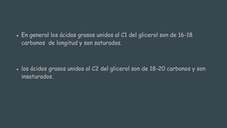 ● En general los ácidos grasos unidos al C1 del glicerol son de 16-18
carbonos de longitud y son saturados.
● los ácidos grasos unidos al C2 del glicerol son de 18-20 carbonos y son
insaturados.
 