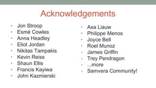 Acknowledgements
• Jon Stroop
• Esmé Cowles
• Anna Headley
• Eliot Jordan
• Nikitas Tampakis
• Kevin Reiss
• Shaun Ellis
• Francis Kayiwa
• John Kazmierski
• Axa Liauw
• Philippe Menos
• Joyce Bell
• Roel Munoz
• James Griffin
• Trey Pendragon
• ...more
• Samvera Community!
 