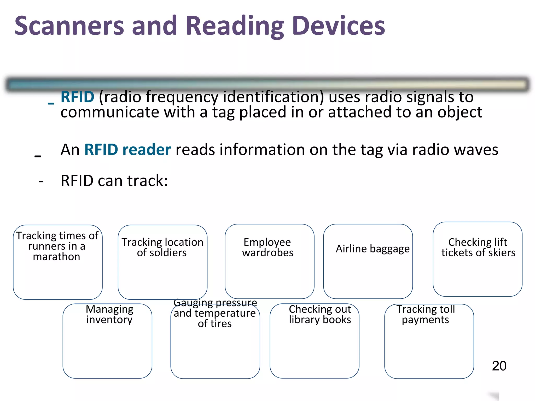 Scanners and Reading Devices
- RFID (radio frequency identification) uses radio signals to
communicate with a tag placed in or attached to an object
- An RFID reader reads information on the tag via radio waves
- RFID can track:
Tracking times of
runners in a
marathon
Tracking location
of soldiers
Employee
wardrobes
Checking lift
tickets of skiersAirline baggage
Gauging pressure
and temperature
of tires
Managing
inventory
Checking out
library books
Tracking toll
payments
23
20
 