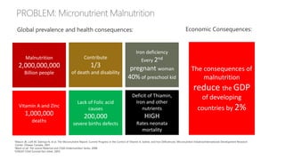 1Mason JB, Lotfi M, Dalmiya N, et al. The Micronutrient Report: Current Progress in the Control of Vitamin A, Iodine, and Iron Deficiencies. Micronutrient Initiative/International Development Research
Center, Ottawa, Canada, 2001.
2Black et all. The Lancet Maternal and Child Undernutrition Series, 2008
3UNICEF Child Survival fact sheet, 2005.
Malnutrition
2,000,000,000
Billion people
Global prevalence and health consequences:
Contribute
1/3
of death and disability
Iron deficiency
Every 2nd
pregnant woman
40% of preschool kid
Vitamin A and Zinc
1,000,000
deaths
Lack of Folic acid
causes
200,000
severe births defects
Deficit of Thiamin,
Iron and other
nutrients
HIGH
Rates neonata
mortality
Economic Consequences:
The consequences of
malnutrition
reduce the GDP
of developing
countries by 2%
 