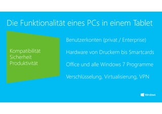Die Funktionalität eines PCs in einem Tablet
Benutzerkonten (privat / Enterprise)
Kompatibilität Hardware von Druckern bis Smartcards
Sicherheit
Produktivität Office und alle Windows 7 Programme
Verschlüsselung, Virtualisierung, VPN