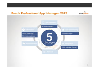Bosch Professional App Lösungen 2012



                          Aufmaßkamera




                              5
       Produktkatalog                    Taschenlampe
       Einheitenrechner



                           Lösungen
                                         GPS Händler Finder




                                                              15
 