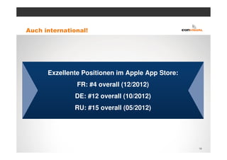 Auch international!




      Exzellente Positionen im Apple App Store:
               FR: #4 overall (12/2012)
               DE: #12 overall (10/2012)
               RU: #15 overall (05/2012)




                                                  19
 