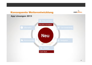 Konsequente Weiterentwicklung
App Lösungen 2013



                    Baudokumentation




                      Neu


                    Cash Back




                                       20
 