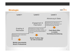 Strategie

           Level 1                         Level 2                            Level 3

                                                                        Aktivierung & Sales

                                        Engagement &               Entwicklung von Services zur
                                                                   Steigerung des Kaufanreizes und
                                         Faszination               Unterstützung des Vertriebs


         Enabling &                Entwicklung von Apps, die den
                                   Handwerker faszinieren, binden und
         Reichweite                somit ein positives Markenerlebnis
                                                                           Cash-Back-Offer
                                   erzeugen.                                   & mobile
                                                                        Vertriebsunterstützung
   Mobilisierung der stationären
   Webauftrittes.
                                    Bosch Toolbox App
                                     für iOS & Android

   Mobile Internetseite
   Bosch Professional


                                                                                                     7
 