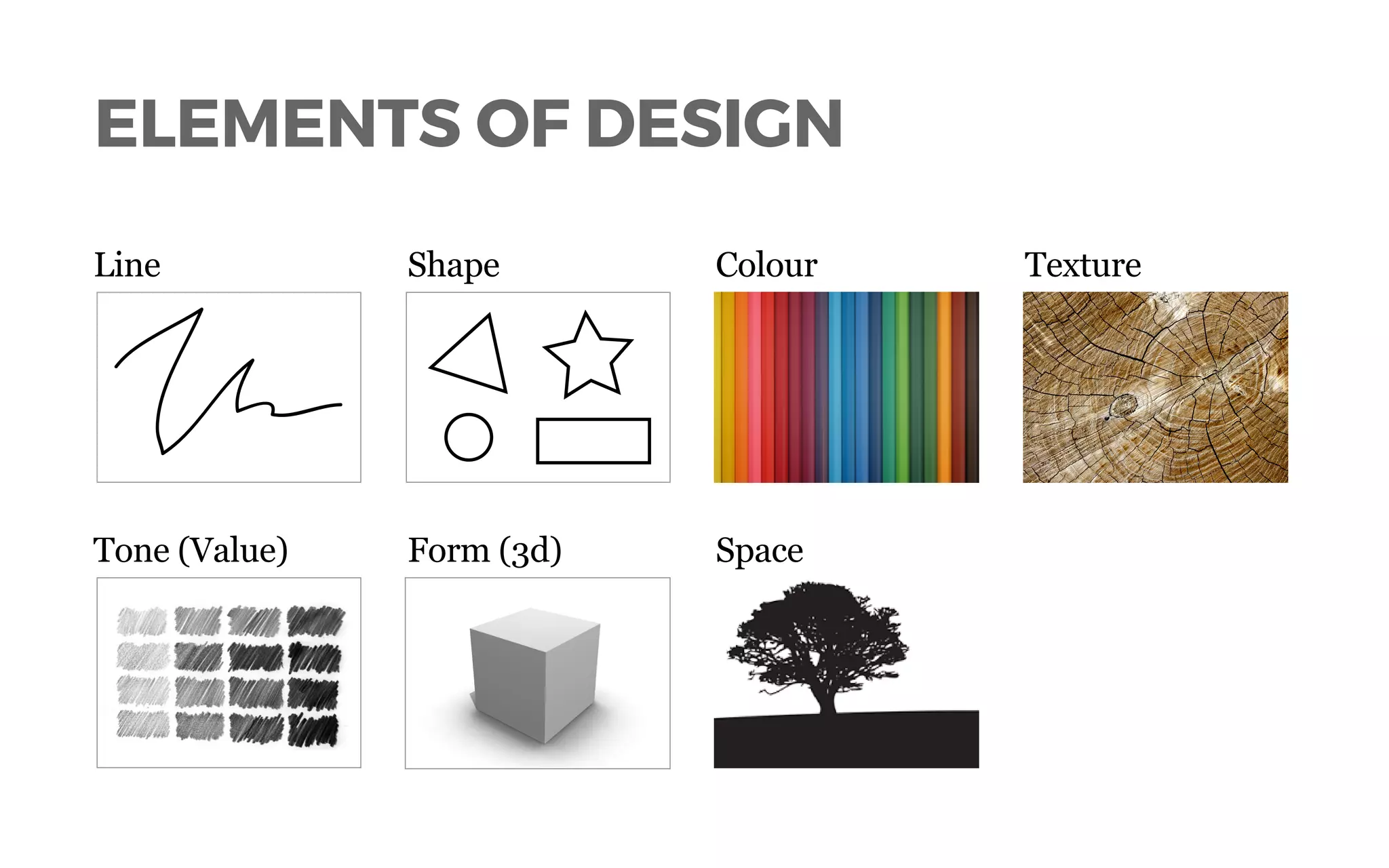 ELEMENTS OF DESIGN
Line Shape Colour Texture
Tone (Value) Form (3d) Space
 