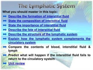 What you should master in this topic:
Describe the formation of interstitial fluid
State the composition of interstitial fluid
State the importance of interstitial fluid
Describe the fate of interstitial fluid
Describe the structure of the lymphatic system
Explain how the lymphatic system complements the
circulatory system
Compare the contents of blood, interstitial fluid &
lymph
Predict what will happen if the interstitial fluid fails to
return to the circulatory system
Unit review

 
