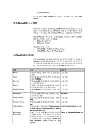 配到Real Server。

                      有 关 如 何 配 置 Real Server 设 置 的 信 息 ， 请 参 阅 第 2 章 “ 配 置 Real
                      Server”。

实施TACACS+认证模块

                      TACACS+认证模块是用来对通过LTM系统的客户机连接进行认证的
                      机制。当认证数据存储在远程TACACS+服务器上时使用该模块。在这
                      种情况下，客户机证书基于基本的HTTP认证（也就是用户名和密码）。

                      要实施TACACS+认证模块，必须配置LTM系统来访问远程TACACS+
                      服务器上的数据。为此，必须创建：
                      • TACACS+配置对象
                      • TACACS+ Profile

                      创建这些对象后，必须：
                      • 将TACACS+ Profile分配到Real Server。
                      • 将TACACS+ iRule分配到Real Server。

创建TACACS+配置对象

                      创建TACACS+配置对象时，需要配置各种设置。  表8.6显示了组成缺省
                      TACACS+配置对象的设置和值。请注意，此表按照您在“新建认证设
                      置” 屏幕中看到的类别对设置进行分组。  有关如何创建该对象的详细流
                      程，请参阅第8-15页上的“创建TACACS+配置对象的步骤”。

设置               说明                                     缺省值
Name             为配置对象指定一个唯一的名称。              此设置是      无缺省值
                 必需的。
Type             指定要实施的认证模块的类型。             必须将此值       无缺省值
                 设置为TACACS+。
Servers          指定TACACS+服务器的主机名称或IP地                  无缺省值
                 址。此设置是必需的。
Secret           设置用于加密和解密发送到或接收自服务                     无缺省值
                 器的数据包的密钥。此设置是必需的。
Confirm Secret   确认为Secret设置提供的密钥。          此设置是必       无缺省值
                 需的。
Encryption       启用或禁用TACACS+数据包的加密。建议                  Enabled
                 在正常情况下使用。
Service Name     指定TACACS+服务器的接听设备，例如                   无缺省值
                 PPP。
Protocol Name    指定TACACS+服务器的接听设备，例如                   无缺省值
                 lcp。
Authentication   指定认证选项。       可能的值包括Authenticate       Authenticate to first server
                 to first server和Authenticate to each
                 server until success。
Accounting       如果定义了多个TACACS+服务器并启用                   Send to first available server
Information      了PAM会话账户，那么将账户的开始和结
                 束数据包发送到第一个可用的服务器或发
                 送到所有服务器。可能的值包括Send to
                 first available serve 和 Send to all
                 servers。
 
