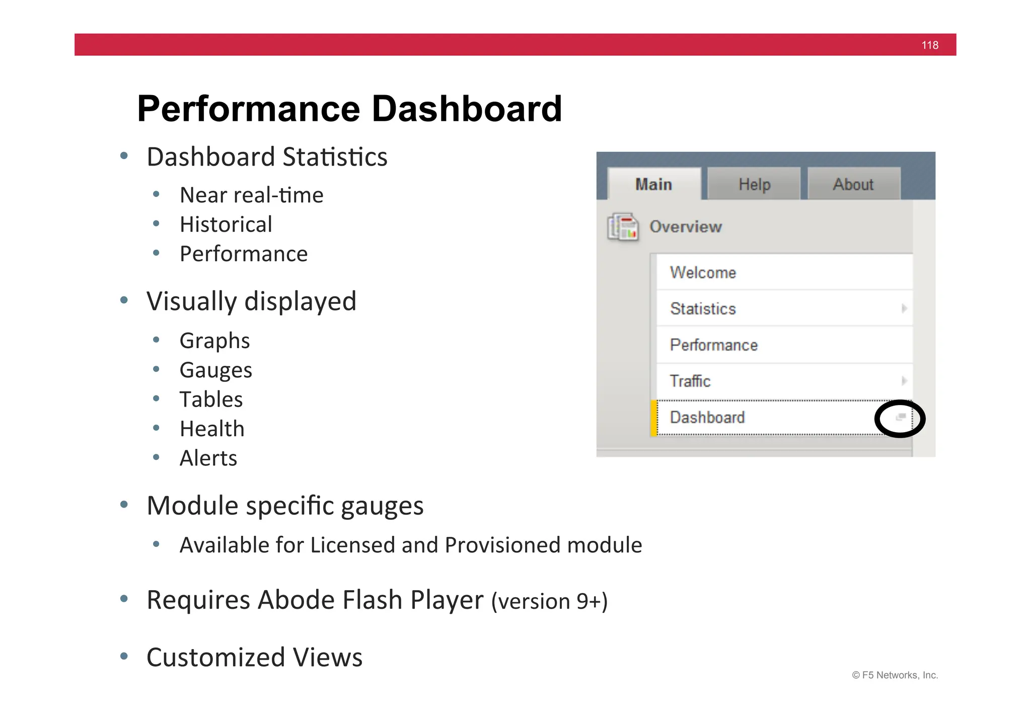 © F5 Networks, Inc.
118
Performance Dashboard
• Dashboard	
  Sta=s=cs	
  
• Near	
  real-­‐=me	
  	
  
• Historical	
  
• Performance	
  
• Visually	
  displayed	
  
• Graphs	
  
• Gauges	
  
• Tables	
  
• Health	
  
• Alerts	
  
• Module	
  speciﬁc	
  gauges	
  
• Available	
  for	
  Licensed	
  and	
  Provisioned	
  module	
  
• Requires	
  Abode	
  Flash	
  Player	
  (version	
  9+)	
  
• Customized	
  Views	
  
 