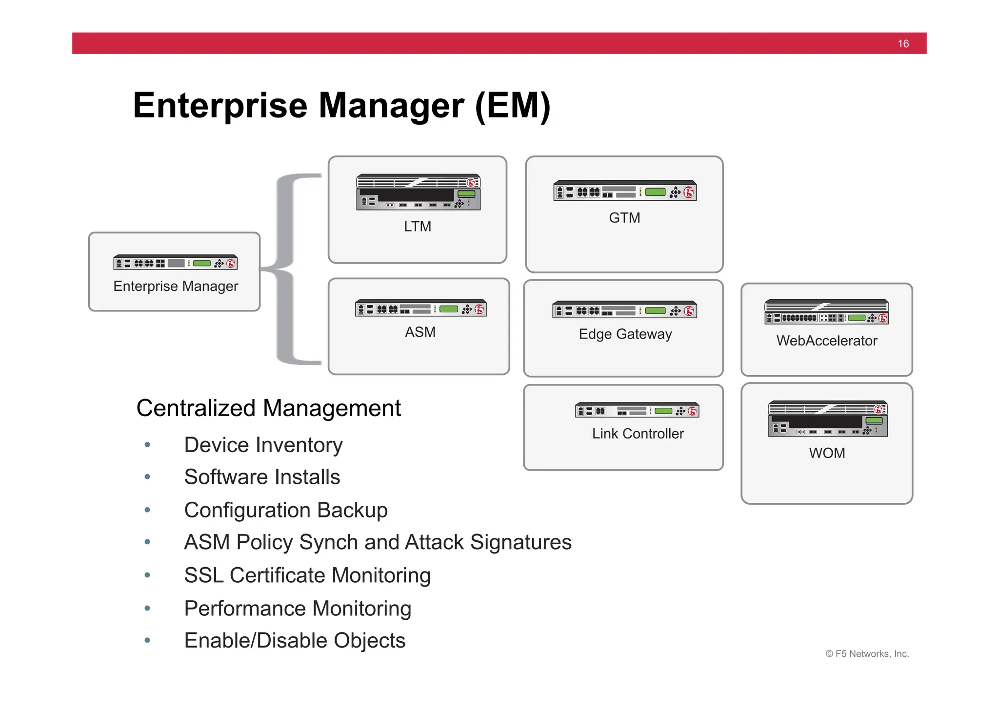 © F5 Networks, Inc.
16
Enterprise Manager (EM)
• Device Inventory
• Software Installs
• Configuration Backup
• ASM Policy Synch and Attack Signatures
• SSL Certificate Monitoring
• Performance Monitoring
• Enable/Disable Objects
Enterprise Manager
WebAccelerator
LTM
GTM
ASM Edge Gateway
WOM
Link Controller
Centralized Management
 