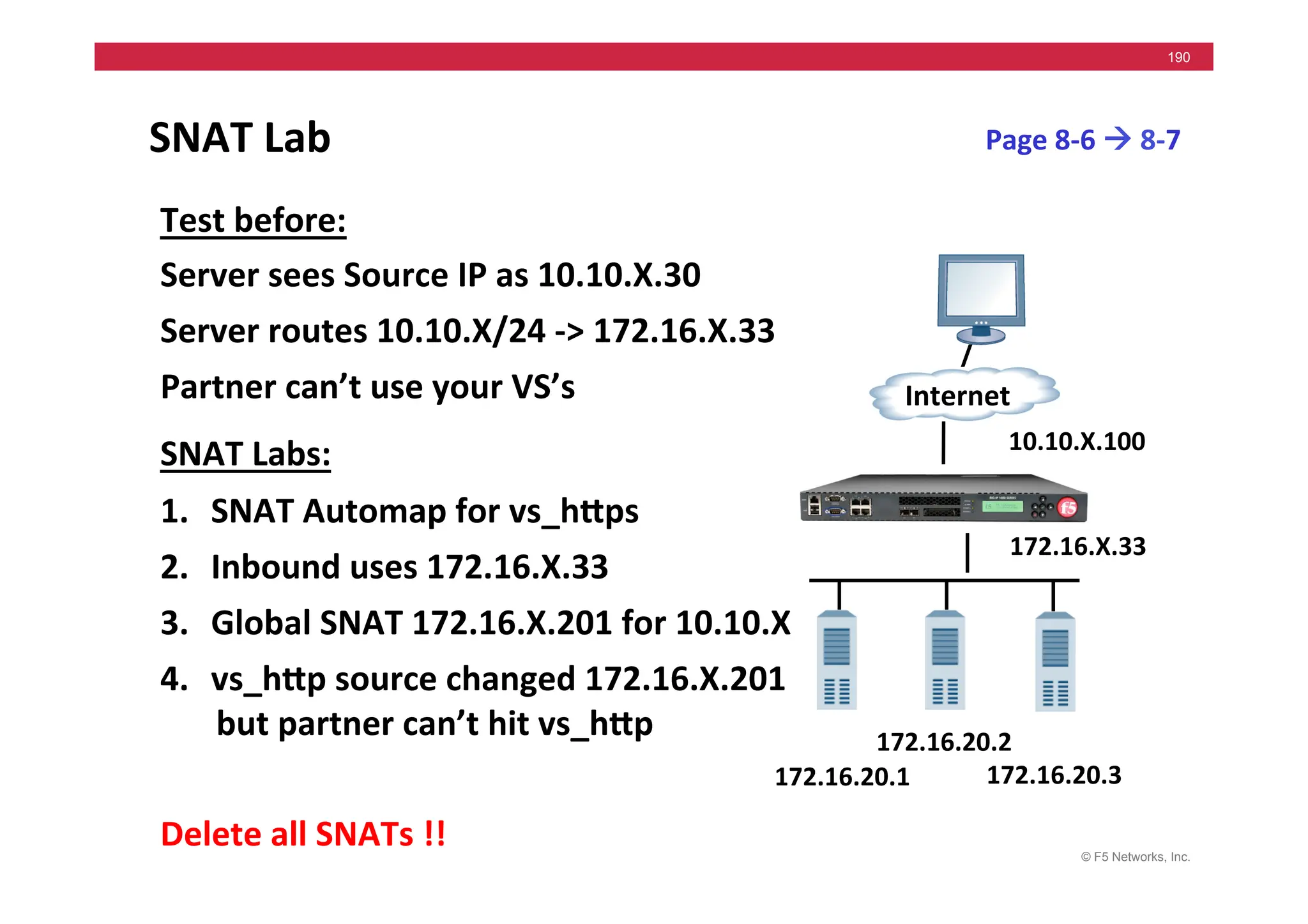 © F5 Networks, Inc.
190
SNAT	
  Lab	
  
Test	
  before:	
  
Server	
  sees	
  Source	
  IP	
  as	
  10.10.X.30	
  
Server	
  routes	
  10.10.X/24	
  -­‐>	
  172.16.X.33	
  
Partner	
  can’t	
  use	
  your	
  VS’s	
  
SNAT	
  Labs:	
  
1. SNAT	
  Automap	
  for	
  vs_hMps	
  
2. Inbound	
  uses	
  172.16.X.33	
  
3. Global	
  SNAT	
  172.16.X.201	
  for	
  10.10.X	
  
4. vs_hMp	
  source	
  changed	
  172.16.X.201	
  
but	
  partner	
  can’t	
  hit	
  vs_hMp	
  
Delete	
  all	
  SNATs	
  !!	
  
Page	
  8-­‐6	
  !	
  8-­‐7	
  
172.16.20.1	
  
Internet	
  
172.16.20.3	
  
172.16.20.2	
  
10.10.X.100	
  
172.16.X.33	
  
 
