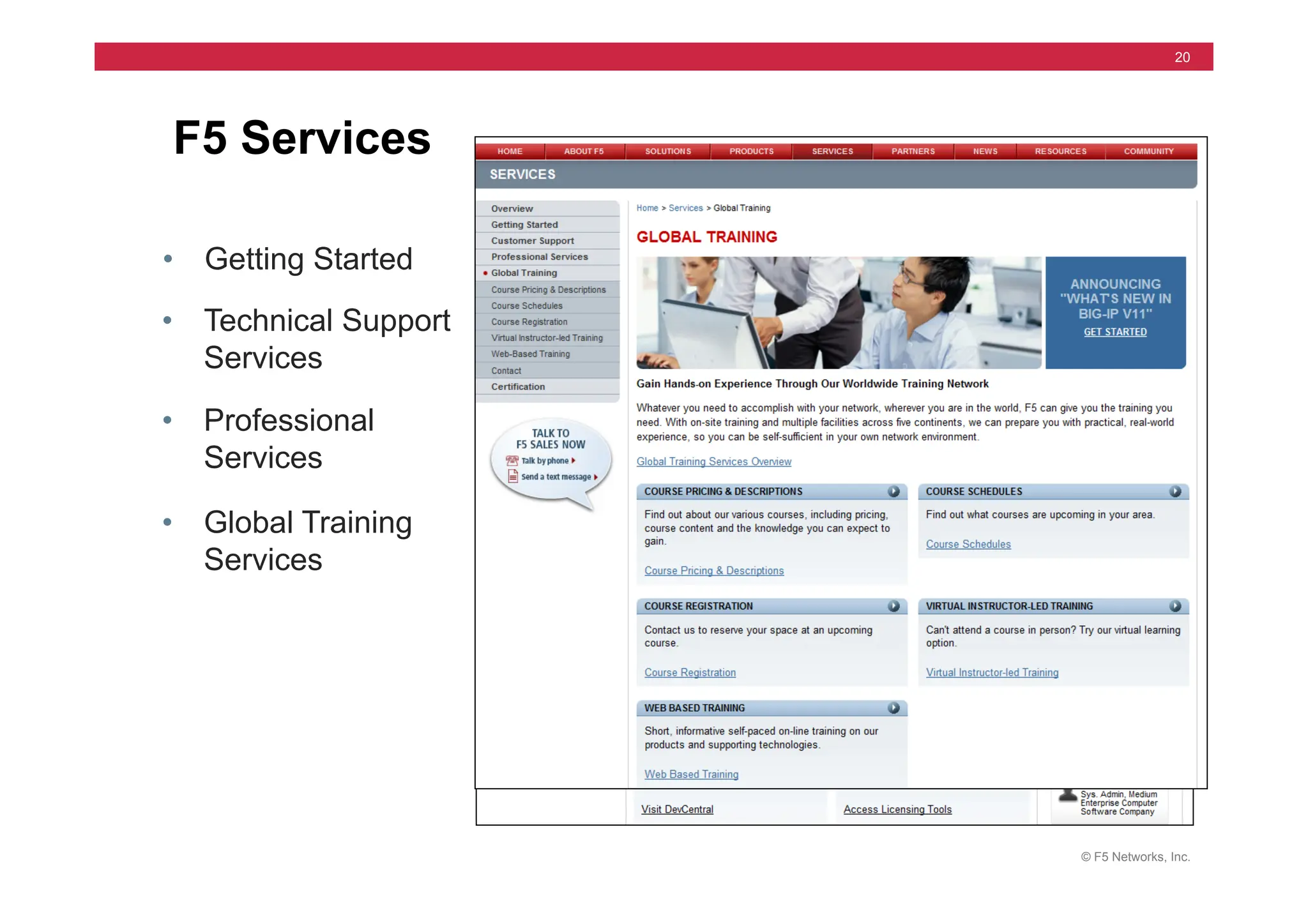 © F5 Networks, Inc.
20
• Getting Started
F5 Services
• Technical Support
Services
• Professional
Services
• Global Training
Services
 