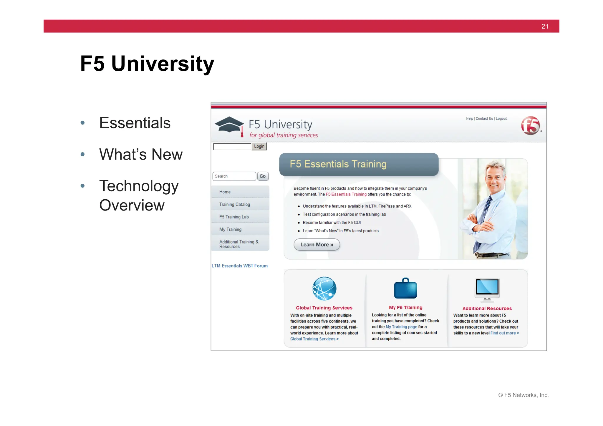 © F5 Networks, Inc.
21
• Essentials
• What’s New
• Technology
Overview
F5 University
 