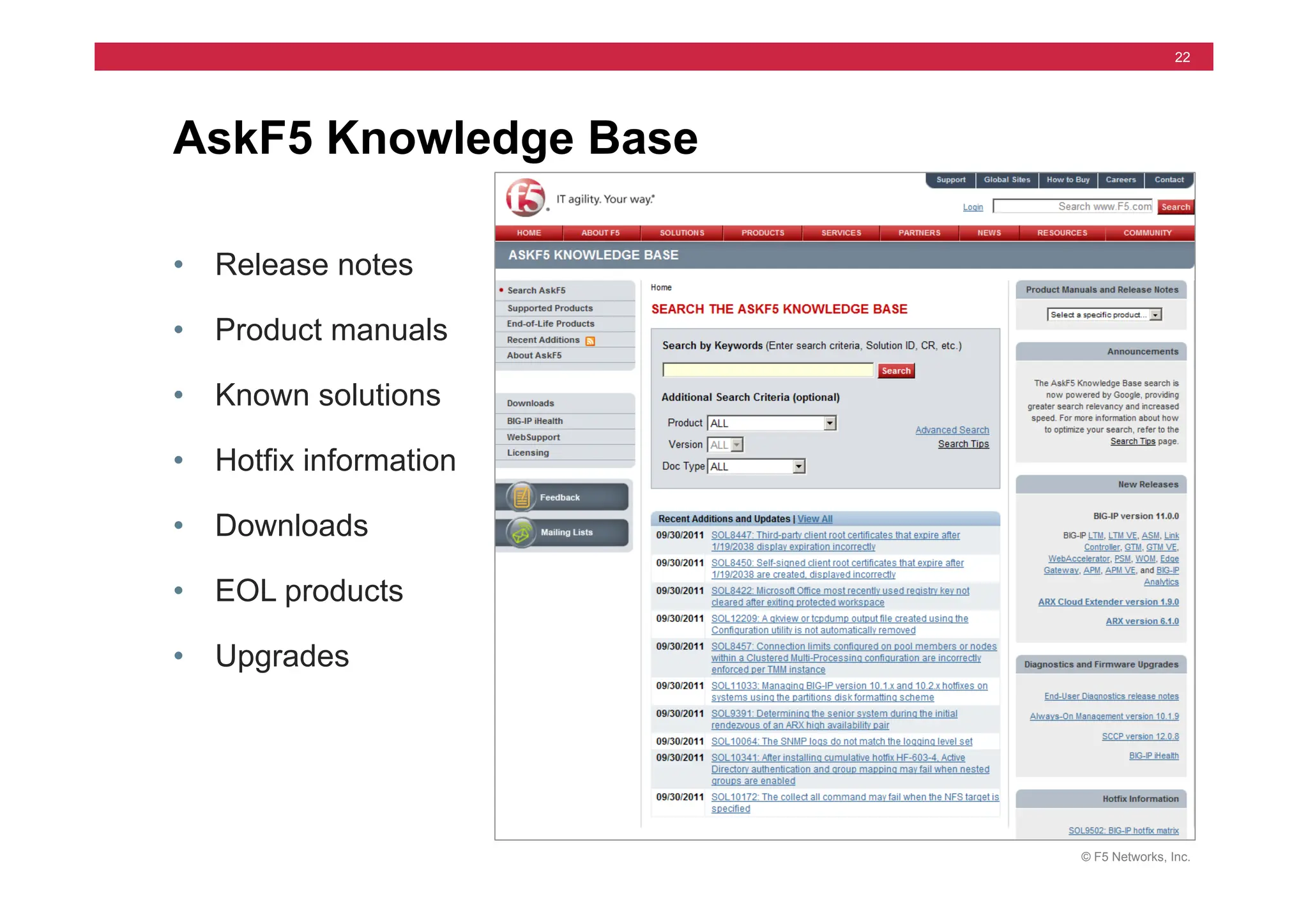 © F5 Networks, Inc.
22
• Release notes
• Product manuals
• Known solutions
• Hotfix information
• Downloads
• EOL products
• Upgrades
AskF5 Knowledge Base
 