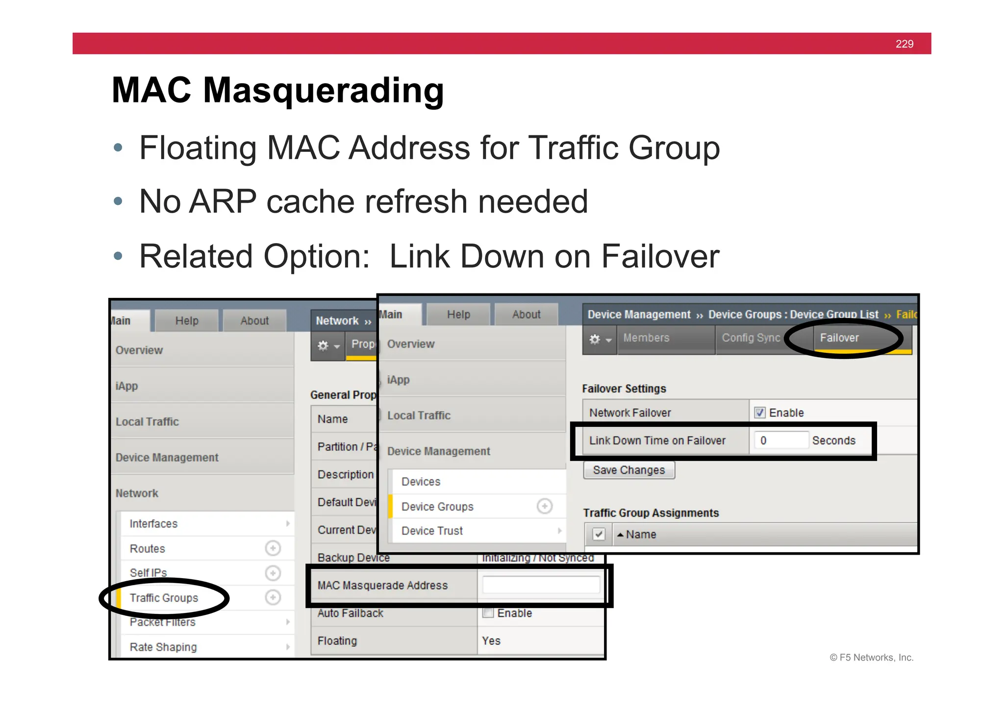 © F5 Networks, Inc.
229
MAC Masquerading
• Floating MAC Address for Traffic Group
• No ARP cache refresh needed
• Related Option: Link Down on Failover
 