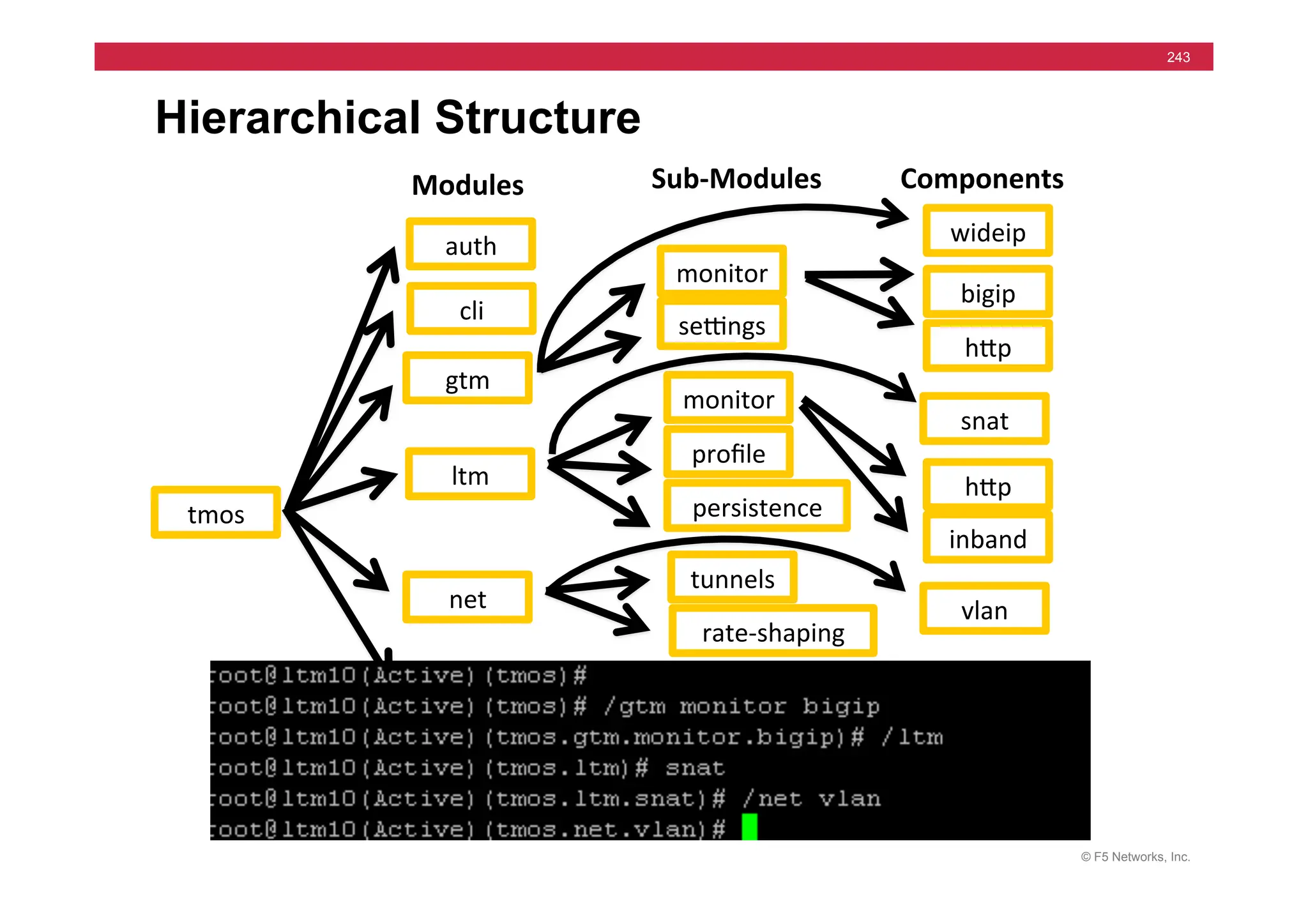 © F5 Networks, Inc.
243
Hierarchical Structure
tmos	
  
auth	
  
cli	
  
gtm	
  
ltm	
  
net	
  
sys	
  
persistence	
  
selngs	
  
monitor	
  
proﬁle	
  
rate-­‐shaping	
  
tunnels	
  
performance	
  
monitor	
  
hjp	
  
bigip	
  
inband	
  
hjp	
  
wideip	
  
snat	
  
Modules	
   Sub-­‐Modules	
   Components	
  
vlan	
  
 