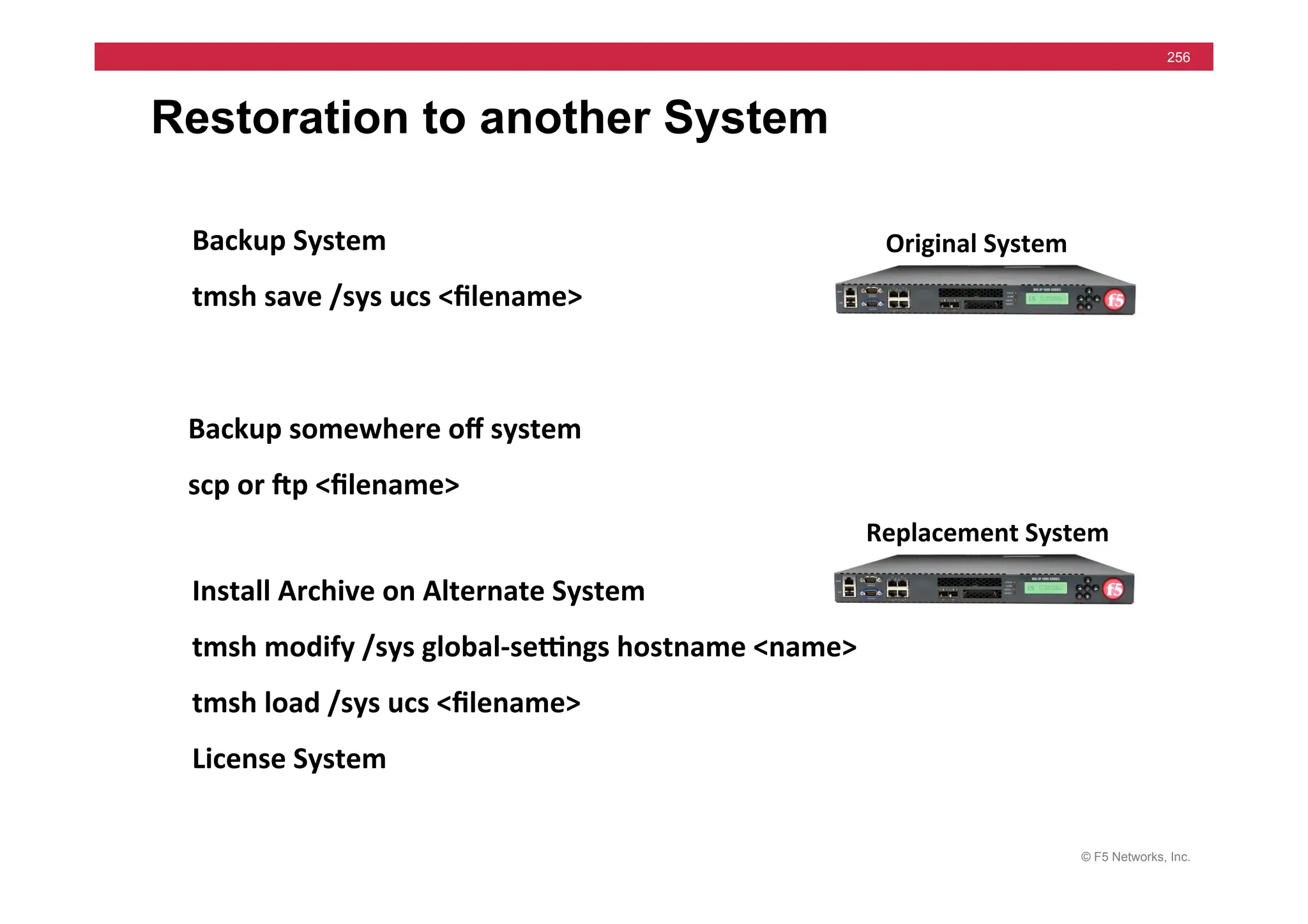 © F5 Networks, Inc.
256
Restoration to another System
Backup	
  System	
  
tmsh	
  save	
  /sys	
  ucs	
  <ﬁlename>	
  
Original	
  System	
  
Replacement	
  System	
  
Install	
  Archive	
  on	
  Alternate	
  System	
  
tmsh	
  modify	
  /sys	
  global-­‐sewngs	
  hostname	
  <name>	
  
tmsh	
  load	
  /sys	
  ucs	
  <ﬁlename>	
  
License	
  System	
  
Backup	
  somewhere	
  oﬀ	
  system	
  
scp	
  or	
  gp	
  <ﬁlename>	
  
 
