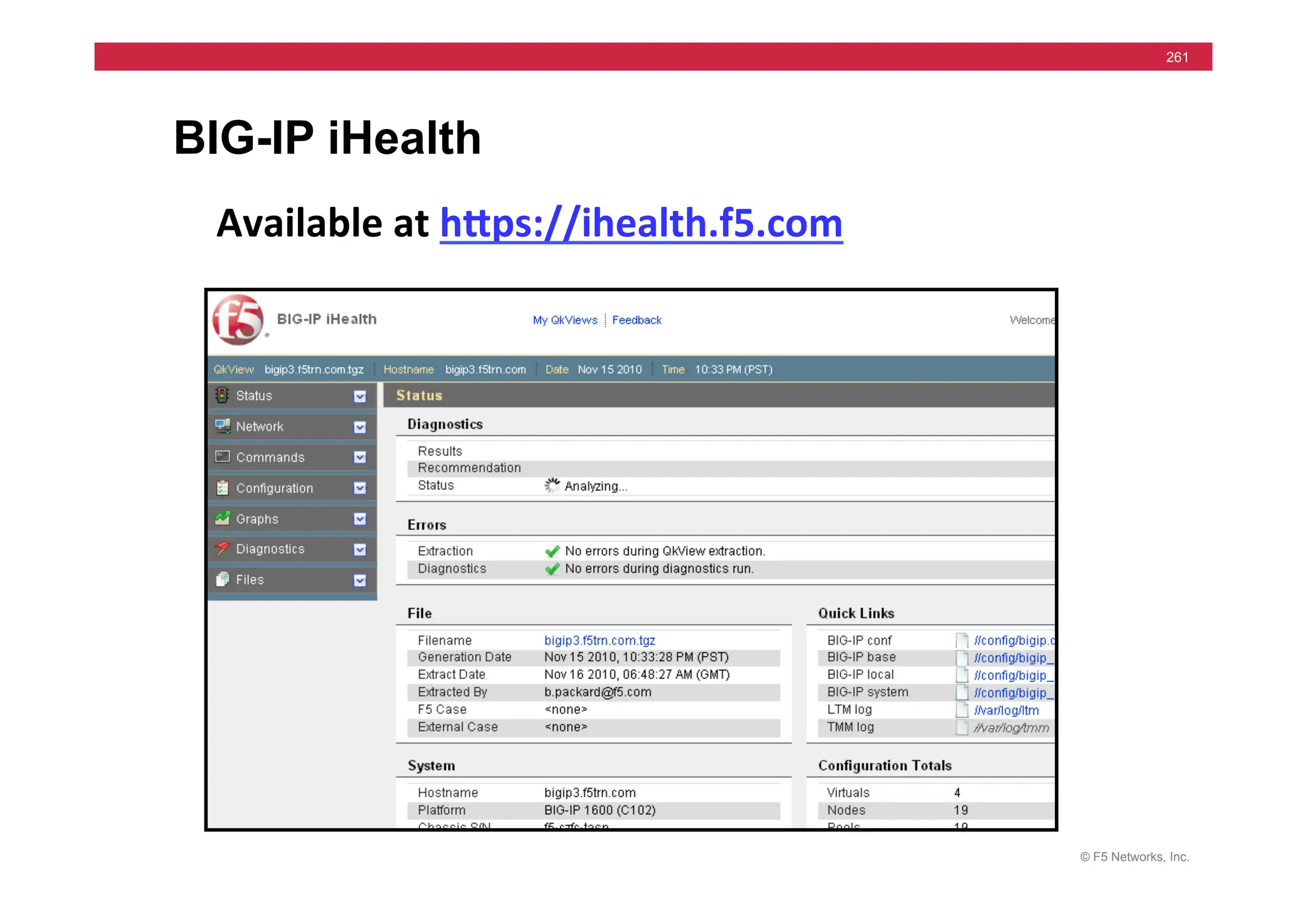 © F5 Networks, Inc.
261
BIG-IP iHealth
Available	
  at	
  hMps://ihealth.f5.com	
  
 