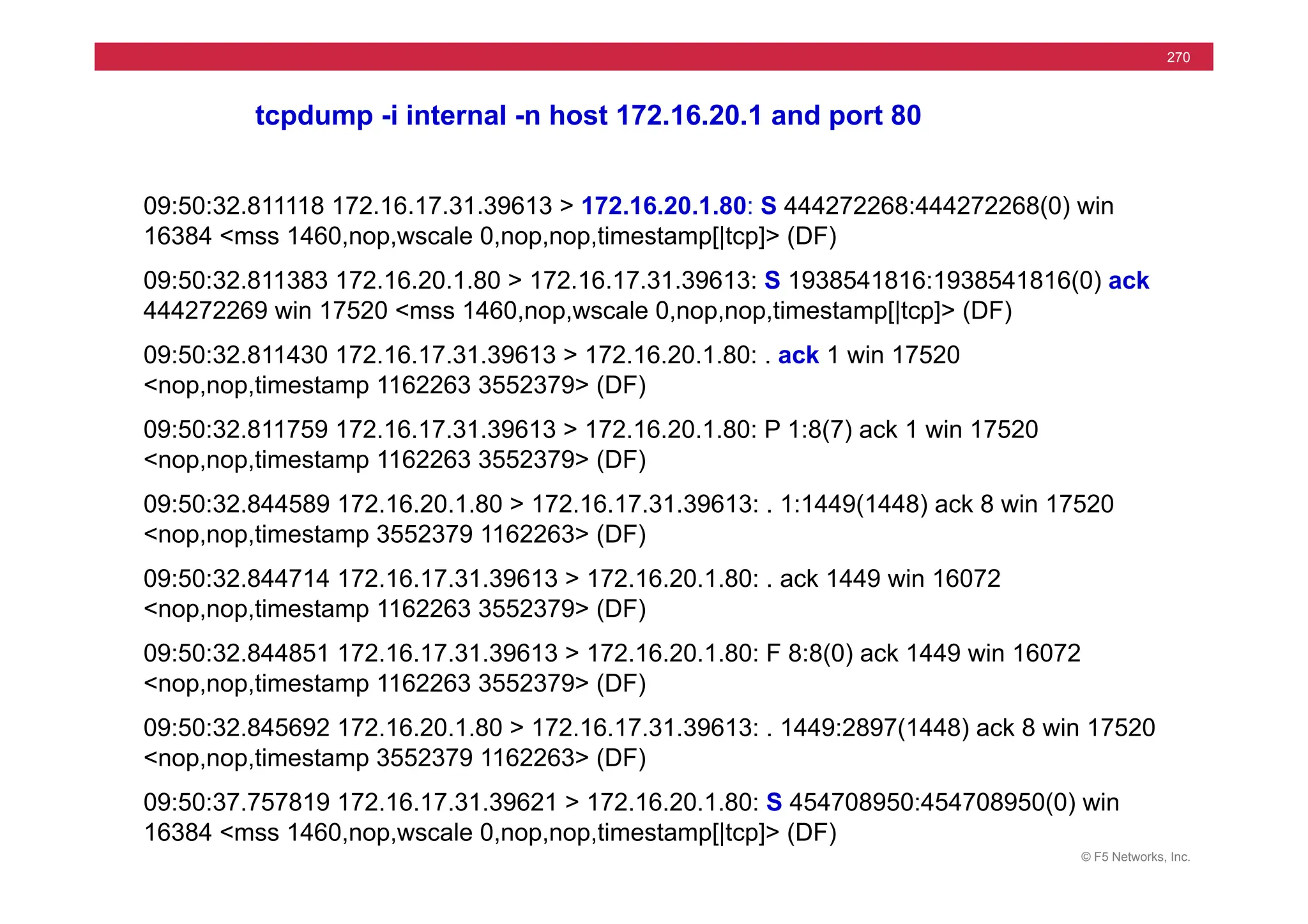 © F5 Networks, Inc.
270
tcpdump -i internal -n host 172.16.20.1 and port 80
09:50:32.811118 172.16.17.31.39613 > 172.16.20.1.80: S 444272268:444272268(0) win
16384 <mss 1460,nop,wscale 0,nop,nop,timestamp[|tcp]> (DF)
09:50:32.811383 172.16.20.1.80 > 172.16.17.31.39613: S 1938541816:1938541816(0) ack
444272269 win 17520 <mss 1460,nop,wscale 0,nop,nop,timestamp[|tcp]> (DF)
09:50:32.811430 172.16.17.31.39613 > 172.16.20.1.80: . ack 1 win 17520
<nop,nop,timestamp 1162263 3552379> (DF)
09:50:32.811759 172.16.17.31.39613 > 172.16.20.1.80: P 1:8(7) ack 1 win 17520
<nop,nop,timestamp 1162263 3552379> (DF)
09:50:32.844589 172.16.20.1.80 > 172.16.17.31.39613: . 1:1449(1448) ack 8 win 17520
<nop,nop,timestamp 3552379 1162263> (DF)
09:50:32.844714 172.16.17.31.39613 > 172.16.20.1.80: . ack 1449 win 16072
<nop,nop,timestamp 1162263 3552379> (DF)
09:50:32.844851 172.16.17.31.39613 > 172.16.20.1.80: F 8:8(0) ack 1449 win 16072
<nop,nop,timestamp 1162263 3552379> (DF)
09:50:32.845692 172.16.20.1.80 > 172.16.17.31.39613: . 1449:2897(1448) ack 8 win 17520
<nop,nop,timestamp 3552379 1162263> (DF)
09:50:37.757819 172.16.17.31.39621 > 172.16.20.1.80: S 454708950:454708950(0) win
16384 <mss 1460,nop,wscale 0,nop,nop,timestamp[|tcp]> (DF)
 