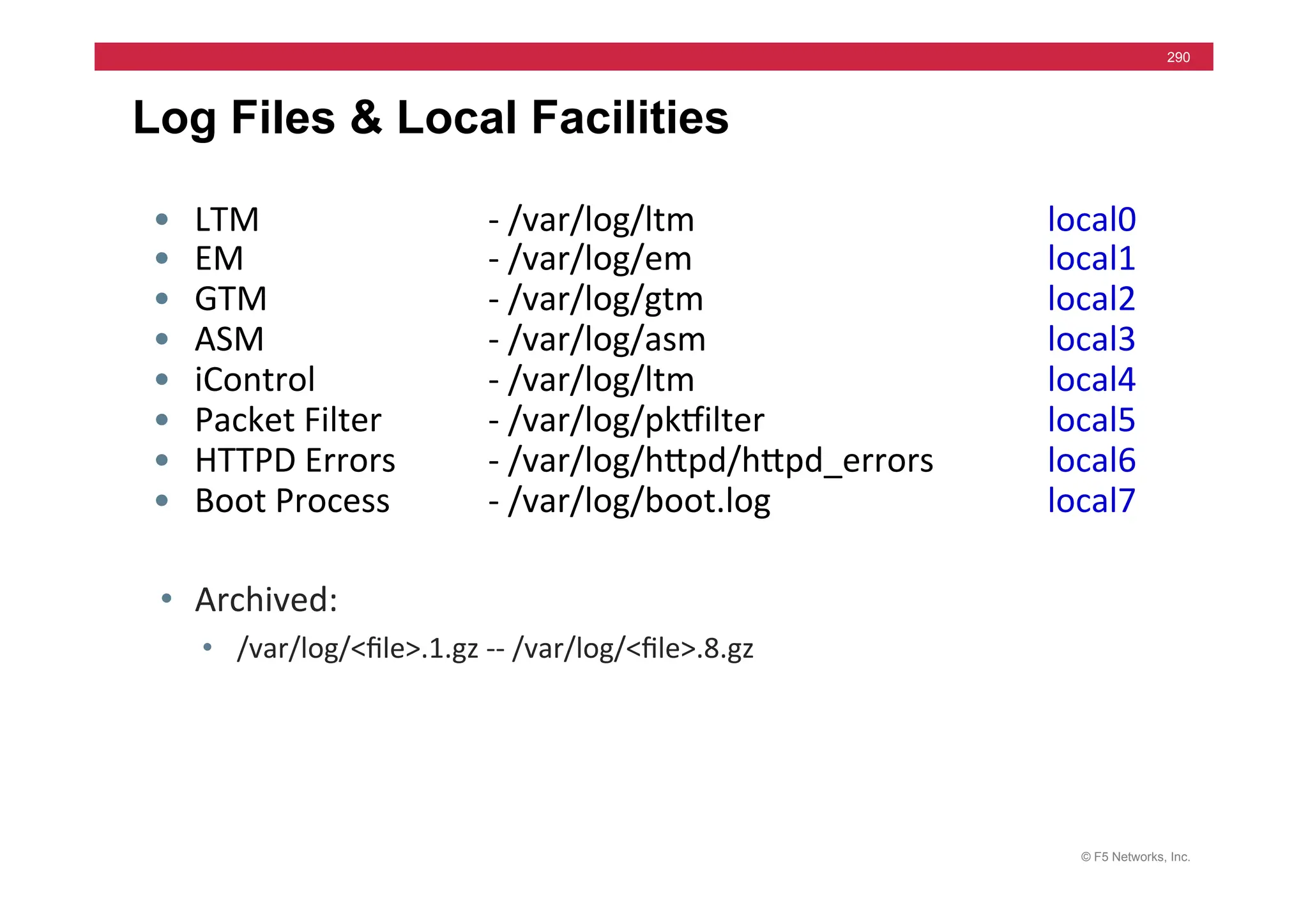 © F5 Networks, Inc.
290
Log Files & Local Facilities
• Archived:	
  	
  	
  
• /var/log/<ﬁle>.1.gz	
  -­‐-­‐	
  /var/log/<ﬁle>.8.gz	
  
• LTM	
   	
   	
  -­‐	
  /var/log/ltm 	
   	
   	
   	
  local0	
  
• EM 	
   	
   	
  -­‐	
  /var/log/em 	
   	
   	
   	
  local1	
  
• GTM 	
   	
  -­‐	
  /var/log/gtm	
   	
   	
   	
  local2	
  
• ASM 	
   	
  -­‐	
  /var/log/asm	
   	
   	
   	
  local3	
  
• iControl 	
   	
  -­‐	
  /var/log/ltm 	
   	
   	
   	
  local4	
  
• Packet	
  Filter	
   	
  -­‐	
  /var/log/pkuilter 	
   	
   	
  local5	
  
• HTTPD	
  Errors	
   	
  -­‐	
  /var/log/hjpd/hjpd_errors	
   	
  local6	
  
• Boot	
  Process	
   	
  -­‐	
  /var/log/boot.log 	
   	
   	
  local7	
  
 