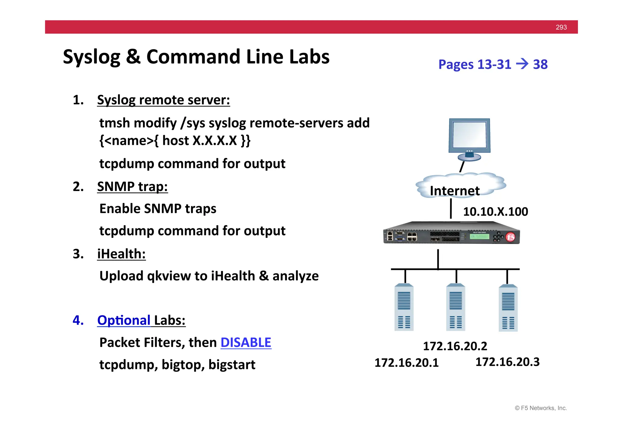 © F5 Networks, Inc.
293
Syslog	
  &	
  Command	
  Line	
  Labs	
  
1. Syslog	
  remote	
  server:	
  
	
  tmsh	
  modify	
  /sys	
  syslog	
  remote-­‐servers	
  add	
  
{<name>{	
  host	
  X.X.X.X	
  }}	
  
	
  tcpdump	
  command	
  for	
  output	
  
2. SNMP	
  trap:	
  
Enable	
  SNMP	
  traps	
  
tcpdump	
  command	
  for	
  output	
  
3. iHealth:	
  
Upload	
  qkview	
  to	
  iHealth	
  &	
  analyze	
  
4. Op5onal	
  Labs:	
  
Packet	
  Filters,	
  then	
  DISABLE	
  
tcpdump,	
  bigtop,	
  bigstart	
  
Internet	
  
10.10.X.100	
  
Pages	
  13-­‐31	
  !	
  38	
  
172.16.20.1	
   172.16.20.3	
  
172.16.20.2	
  
 