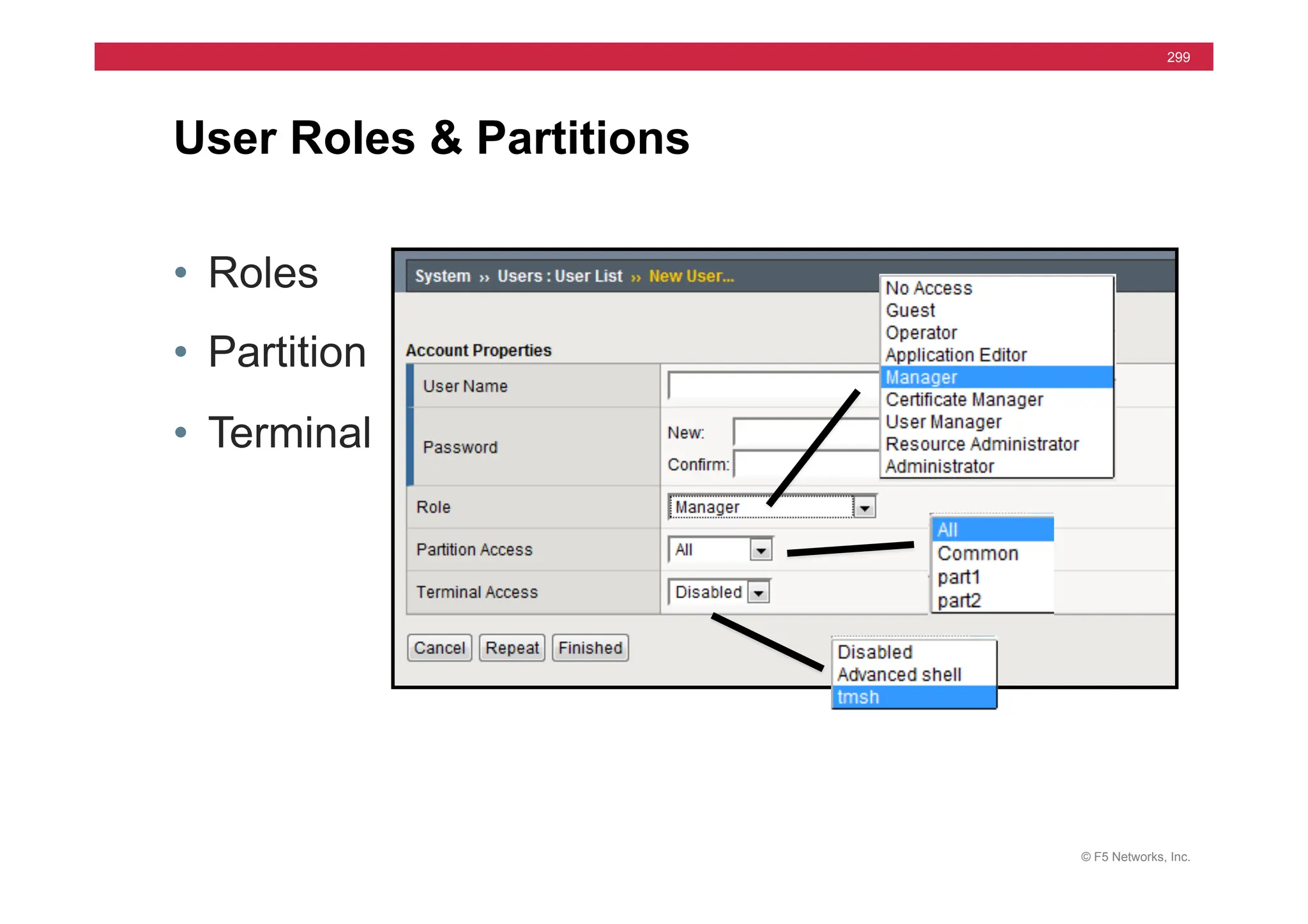 © F5 Networks, Inc.
299
• Roles
• Partition
• Terminal
User Roles & Partitions
 