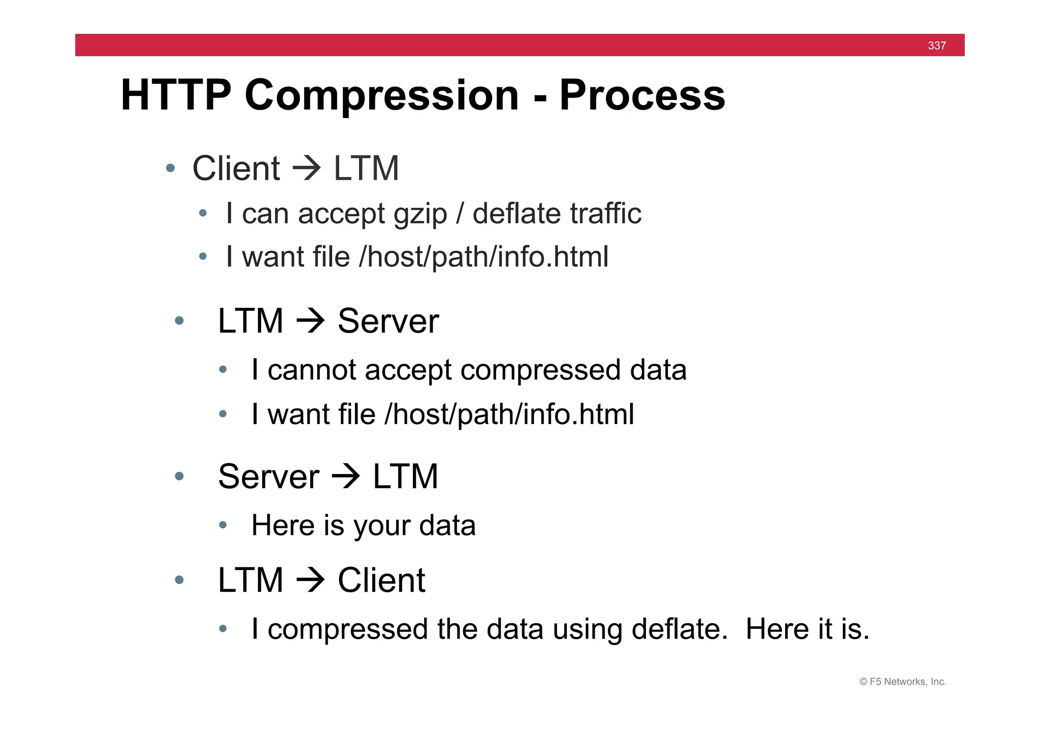 © F5 Networks, Inc.
337
HTTP Compression - Process
• Client à LTM
• I can accept gzip / deflate traffic
• I want file /host/path/info.html
• LTM à Server
• I cannot accept compressed data
• I want file /host/path/info.html
• Server à LTM
• Here is your data
• LTM à Client
• I compressed the data using deflate. Here it is.
 