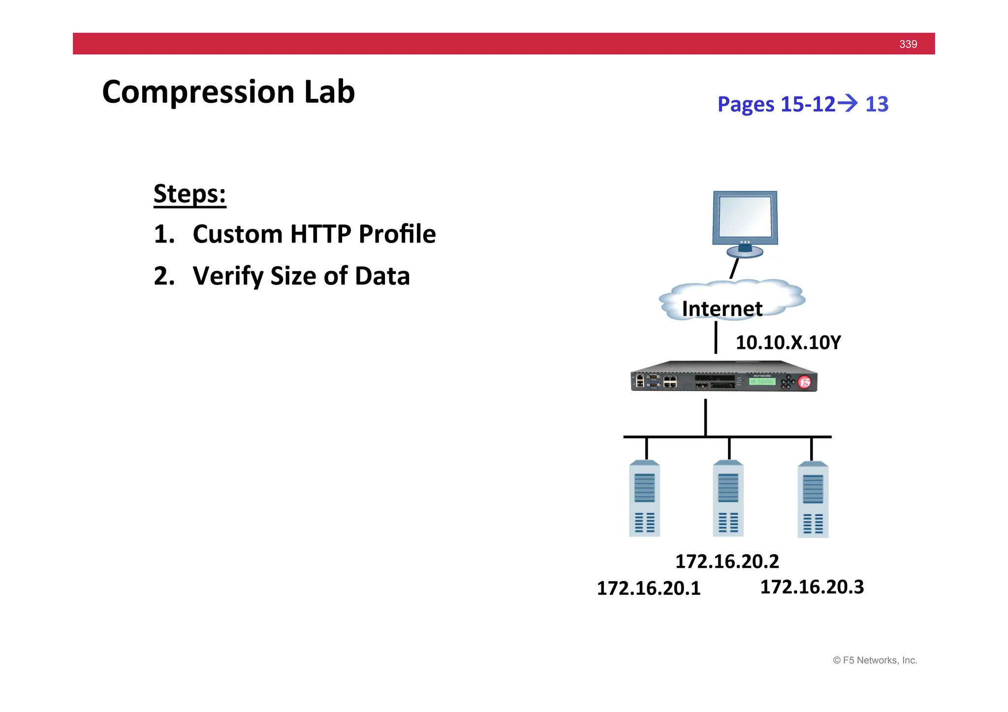 © F5 Networks, Inc.
339
Compression	
  Lab	
  
Steps:	
  
1. Custom	
  HTTP	
  Proﬁle	
  
2. Verify	
  Size	
  of	
  Data	
  
Pages	
  15-­‐12!	
  13	
  
Internet	
  
10.10.X.10Y	
  
172.16.20.1	
   172.16.20.3	
  
172.16.20.2	
  
 
