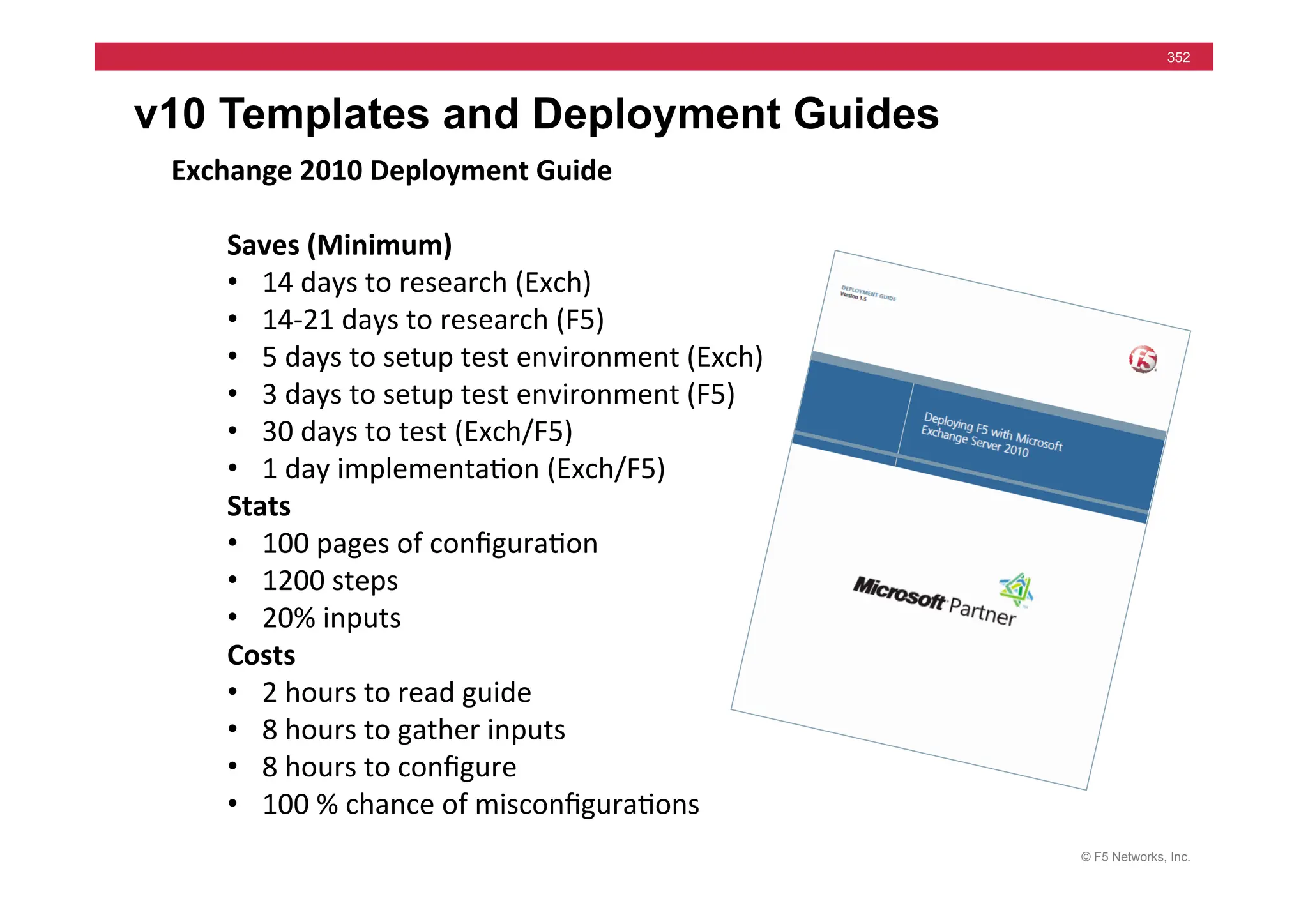 © F5 Networks, Inc.
352
Exchange	
  2010	
  Deployment	
  Guide	
  
	
  
Saves	
  (Minimum)	
  
• 14	
  days	
  to	
  research	
  (Exch)	
  
• 14-­‐21	
  days	
  to	
  research	
  (F5)	
  
• 5	
  days	
  to	
  setup	
  test	
  environment	
  (Exch)	
  
• 3	
  days	
  to	
  setup	
  test	
  environment	
  (F5)	
  	
  
• 30	
  days	
  to	
  test	
  (Exch/F5)	
  
• 1	
  day	
  implementa=on	
  (Exch/F5)	
  
Stats	
  
• 100	
  pages	
  of	
  conﬁgura=on	
  
• 1200	
  steps	
  	
  
• 20%	
  inputs	
  
Costs	
  
• 2	
  hours	
  to	
  read	
  guide	
  
• 8	
  hours	
  to	
  gather	
  inputs	
  
• 8	
  hours	
  to	
  conﬁgure	
  	
  
• 100	
  %	
  chance	
  of	
  misconﬁgura=ons	
  
v10 Templates and Deployment Guides
 