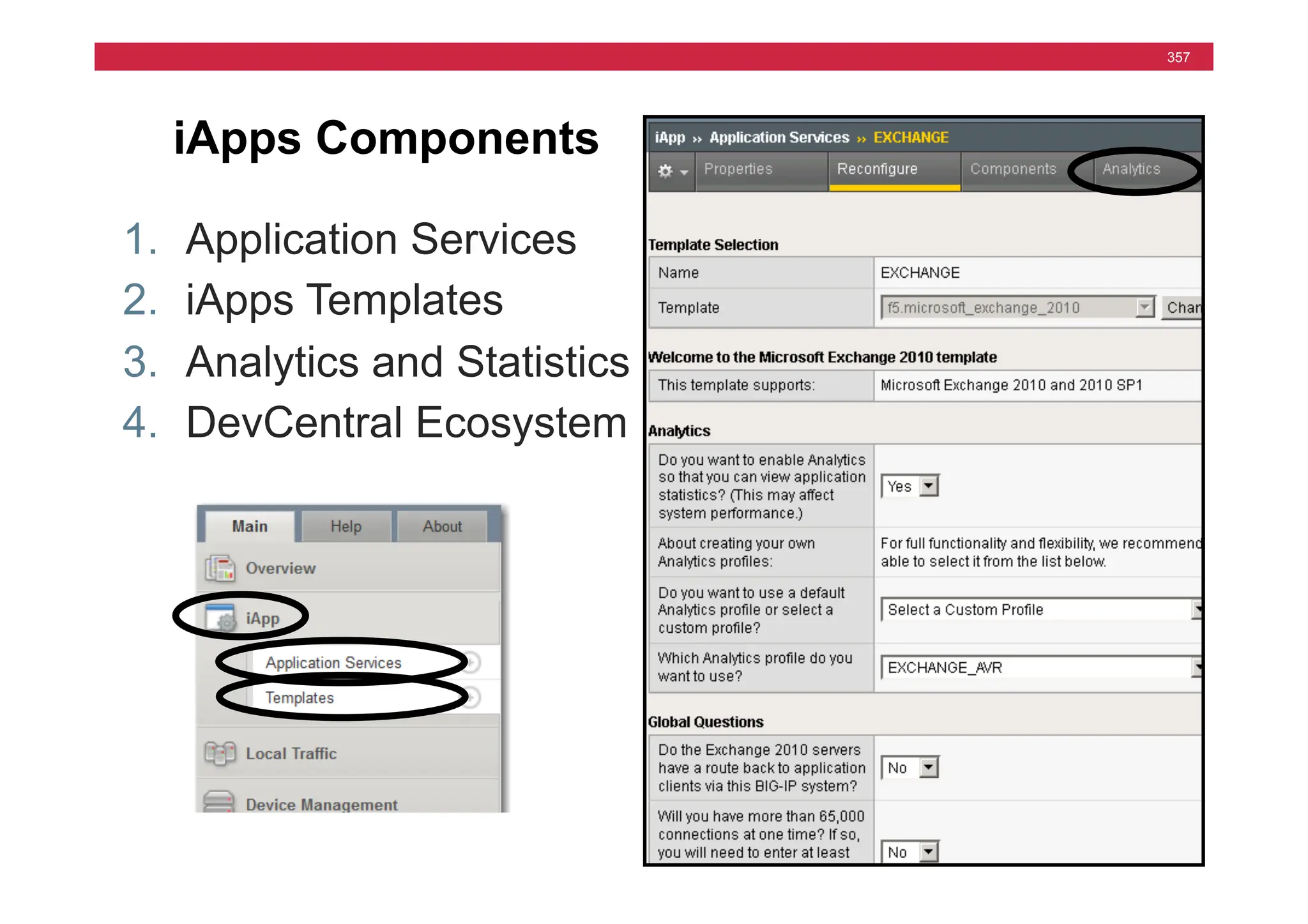 © F5 Networks, Inc.
357
iApps Components
1. Application Services
2. iApps Templates
3. Analytics and Statistics
4. DevCentral Ecosystem
 