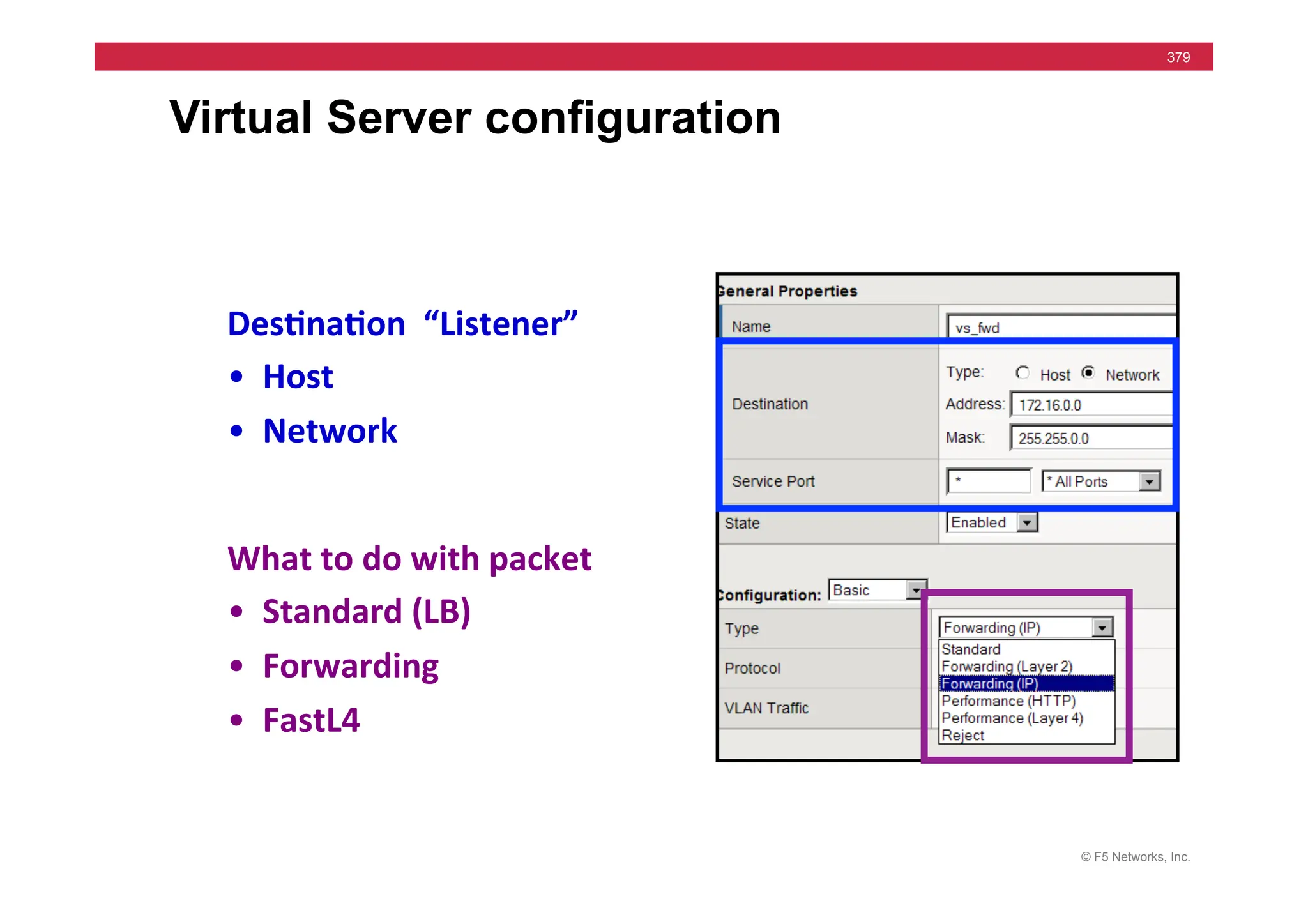 © F5 Networks, Inc.
379
Virtual Server configuration
Des5na5on	
  	
  “Listener”	
  	
  
•	
  	
  Host	
  
•	
  	
  Network	
  
What	
  to	
  do	
  with	
  packet	
  
•	
  	
  Standard	
  (LB)	
  
•	
  	
  Forwarding	
  
•	
  	
  FastL4	
  
 
