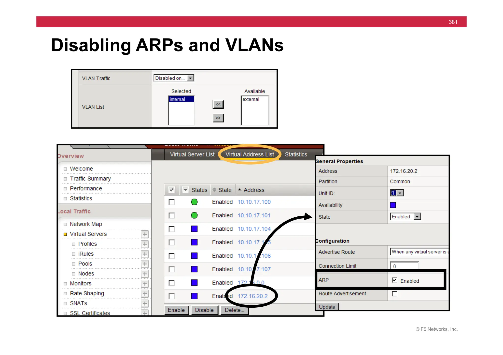 © F5 Networks, Inc.
381
Disabling ARPs and VLANs
 