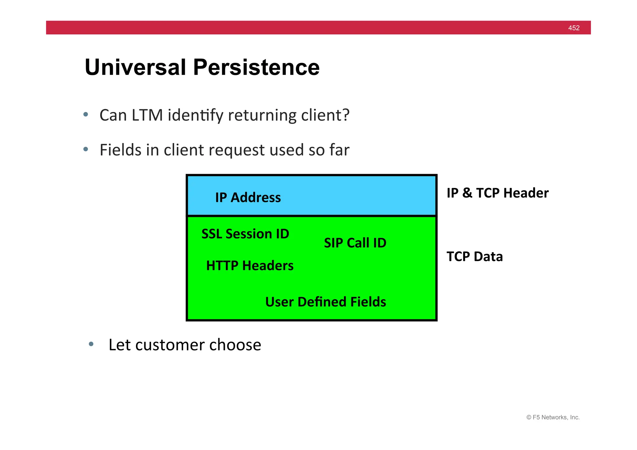 © F5 Networks, Inc.
452
IP	
  &	
  TCP	
  Header	
  
TCP	
  Data	
  
Universal Persistence
• Can	
  LTM	
  iden=fy	
  returning	
  client?	
  
• Fields	
  in	
  client	
  request	
  used	
  so	
  far	
  
SSL	
  Session	
  ID	
  
IP	
  Address	
  
SIP	
  Call	
  ID	
  
HTTP	
  Headers	
  
User	
  Deﬁned	
  Fields	
  
• Let	
  customer	
  choose	
  
 