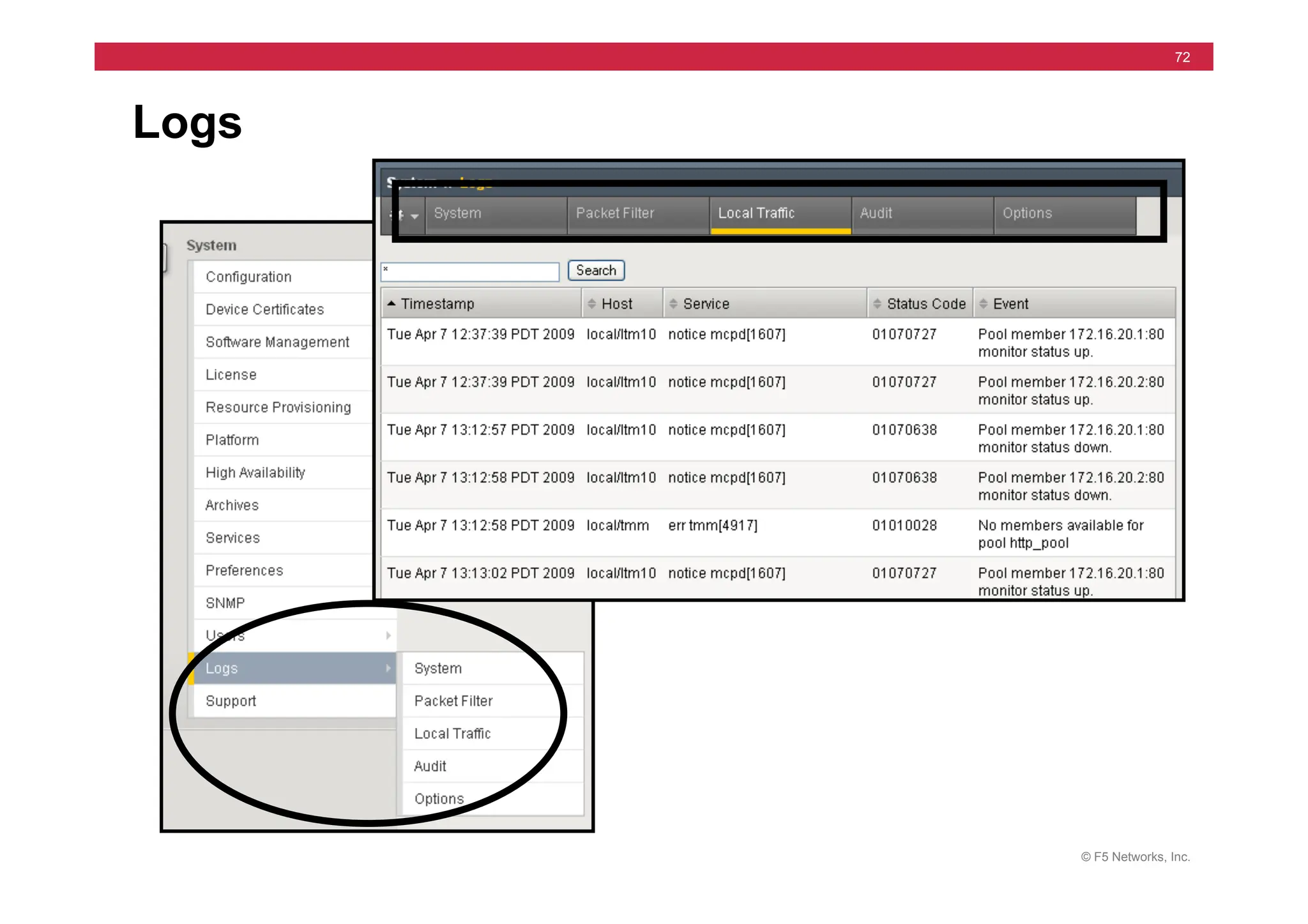 © F5 Networks, Inc.
72
Logs
 