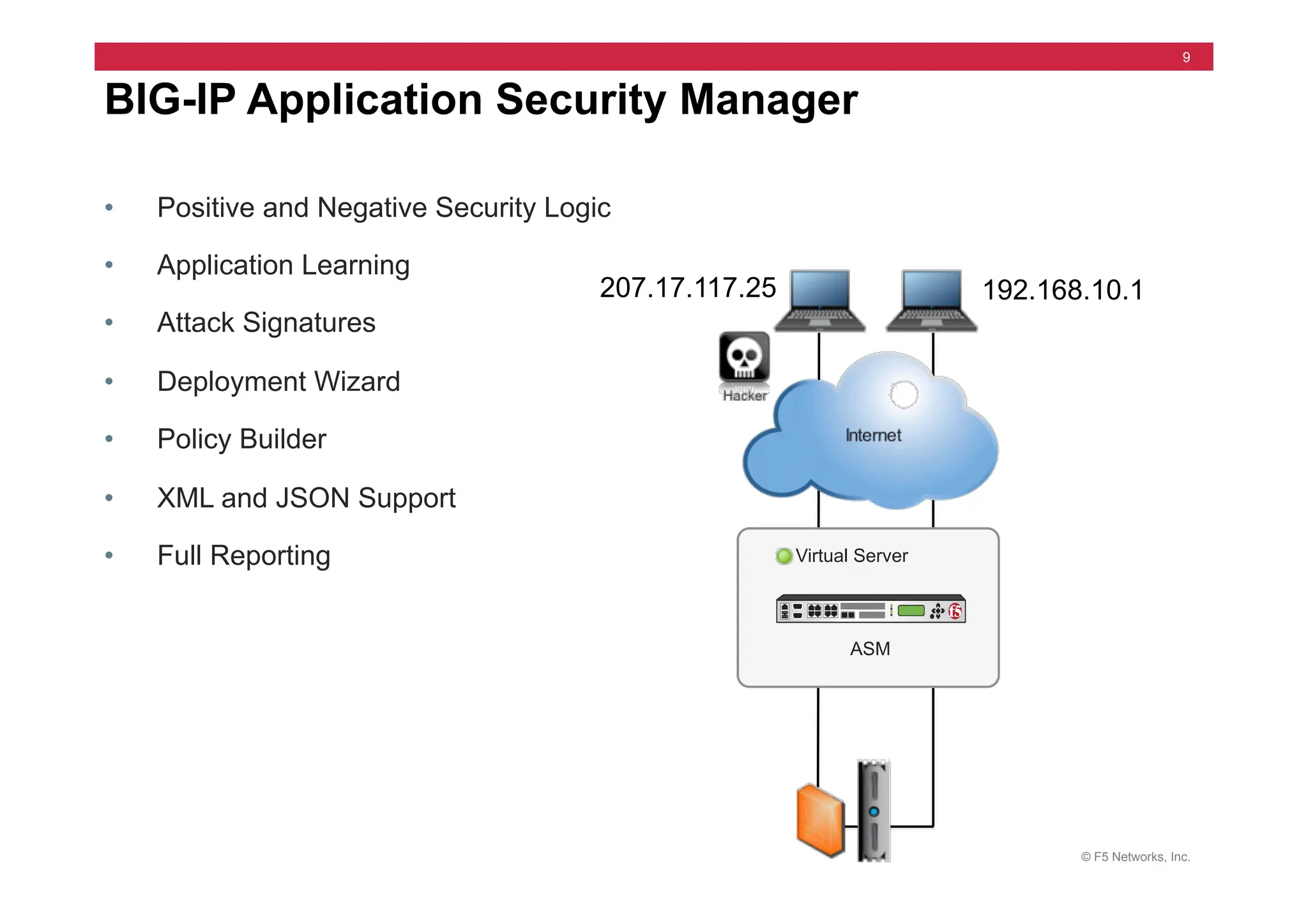 © F5 Networks, Inc.
9
• Positive and Negative Security Logic
• Application Learning
• Attack Signatures
• Deployment Wizard
• Policy Builder
• XML and JSON Support
• Full Reporting
BIG-IP Application Security Manager
207.17.117.25 192.168.10.1
ASM
Virtual Server
 