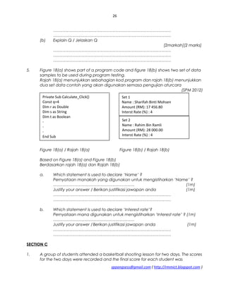 26
……………………………………………………………………………
……………………………………………………………………………
(b) Explain Q / Jelaskan Q
[2markah][2 marks]
……………………………………………………………………………
……………………………………………………………………………
……………………………………………………………………………
5. Figure 18(a) shows part of a program code and figure 18(b) shows two set of data
samples to be used during program testing.
Rajah 18(a) menunjukkan sebahagian kod program dan rajah 18(b) menunjukkan
dua set data contoh yang akan digunakan semasa pengujian aturcara
(SPM 2012)
Figure 18(a) / Rajah 18(a) Figure 18(b) / Rajah 18(b)
Based on Figure 18(a) and Figure 18(b)
Berdasarkan rajah 18(a) dan Rajah 18(b)
a. Which statement is used to declare ‘Name’ ?
Pernyataan manakah yang digunakan untuk mengistiharkan ‘Name’ ?
…………………………………………………… (1m)
Justify your answer / Berikan justifikasi jawapan anda (1m)
……………………………………………………………………………
……………………………………………………………………………
b. Which statement is used to declare ‘Interest rate’?
Pernyataan mana digunakan untuk mengistiharkan ‘Interest rate’ ? (1m)
……………………………………………………
Justify your answer /Berikan justifikasi jawapan anda (1m)
……………………………………………………………………………
……………………………………………………………………………
SECTION C
1. A group of students attended a basketball shooting lesson for two days. The scores
for the two days were recorded and the final score for each student was
sppangsess@gmail.com ( http://rmmict.blogspot.com )
Private Sub Calculate_Click()
Const q=4
Dim r as Double
Dim s as String
Dim t as Boolean
-
-
-
End Sub
Set 1
Name : Sharifah Binti Mohsen
Amount (RM): 17 456.80
Interst Rate (%) : 4
Set 2
Name : Rahim Bin Ramli
Amount (RM): 28 000.00
Interst Rate (%) : 4
 